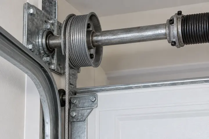 Lift cable wound on the cable drum at the top corner of a garage door