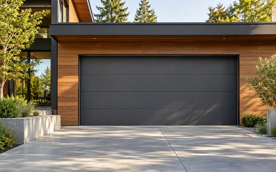 Flush charcoal gray garage door on a minimalist house