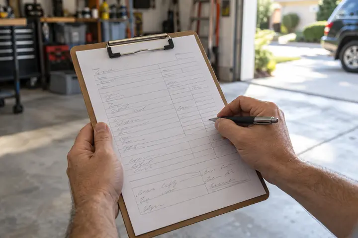 Hands holding a clipboard with a handwritten repair estimate