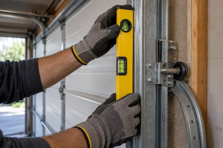 Gloved hands holding a level against the garage door track