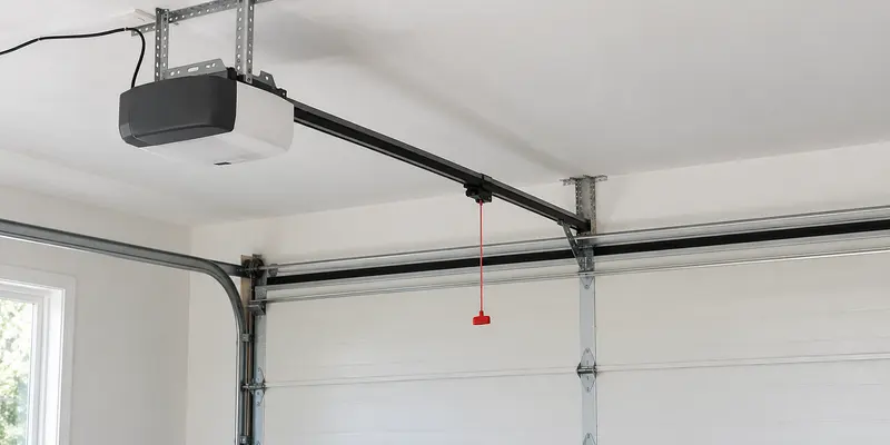 Belt-drive garage door opener on the ceiling with the red emergency release cord