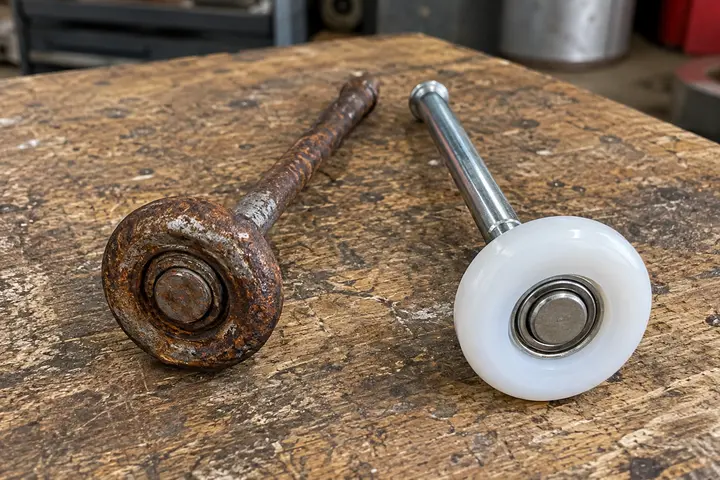 Old rusty roller next to a new nylon roller